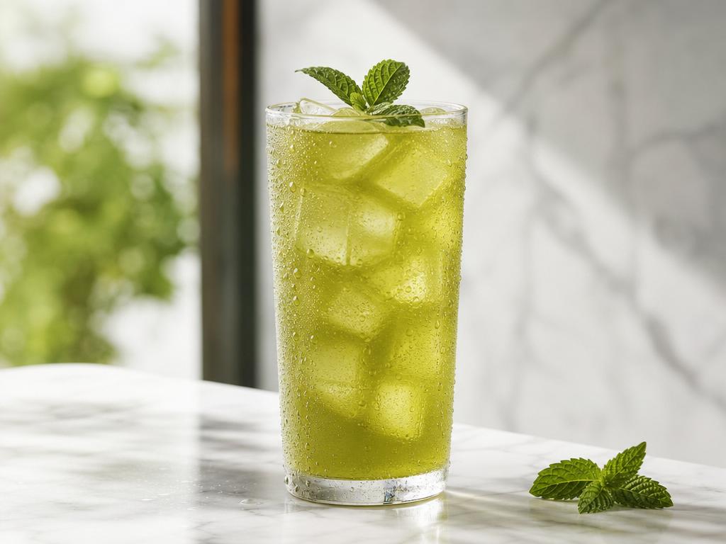 A glass of iced green tea in bright afternoon light
