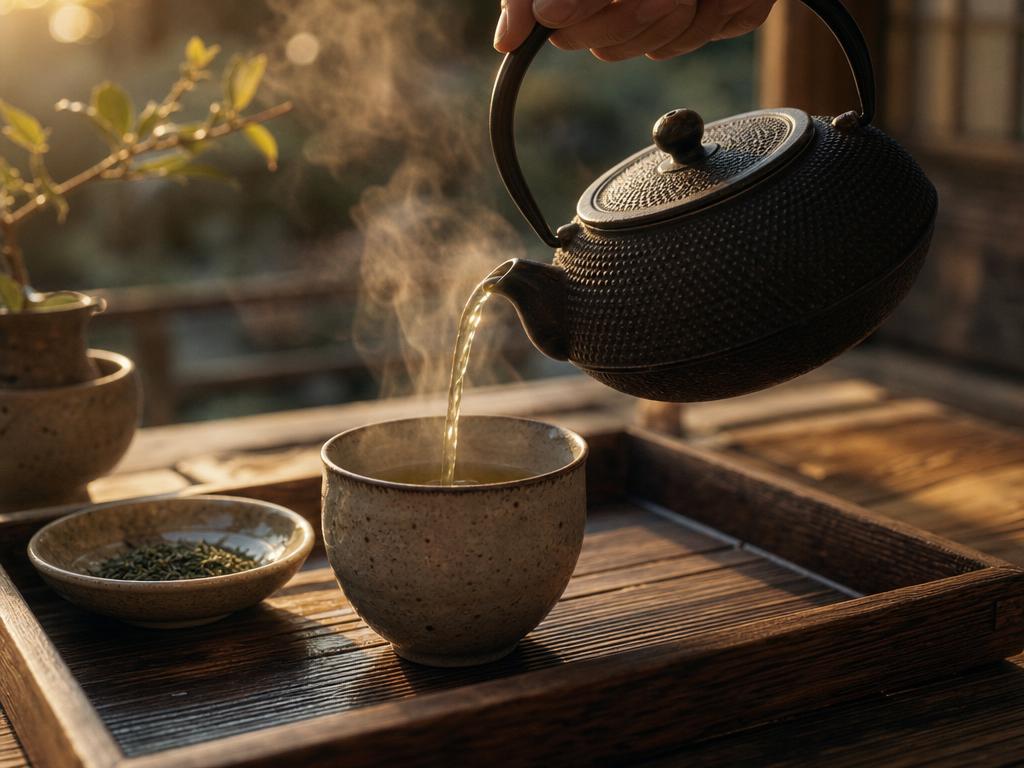Sencha poured from a tetsubin in amber evening light