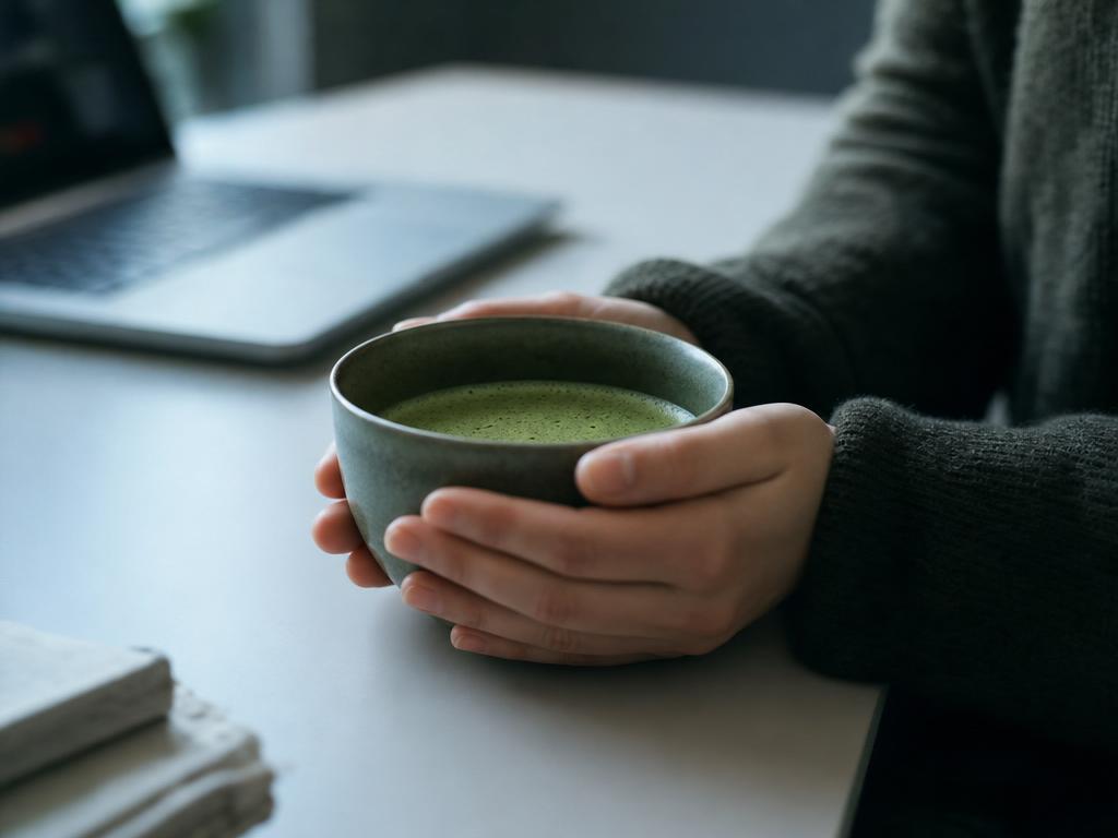 Hands around a matcha bowl at a work desk