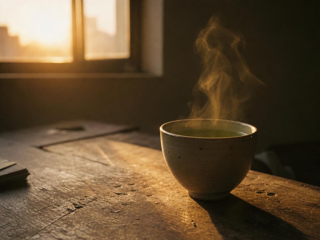 A steaming cup of green tea in soft golden morning light