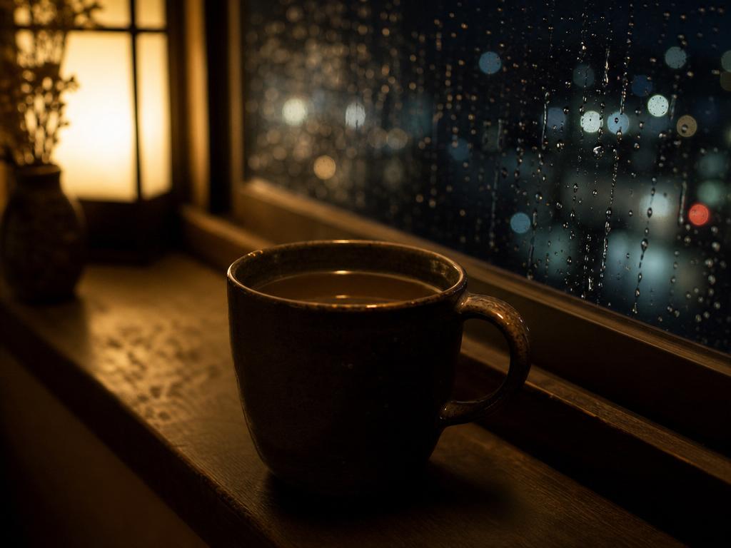 A dark mug of hojicha on a window ledge at night